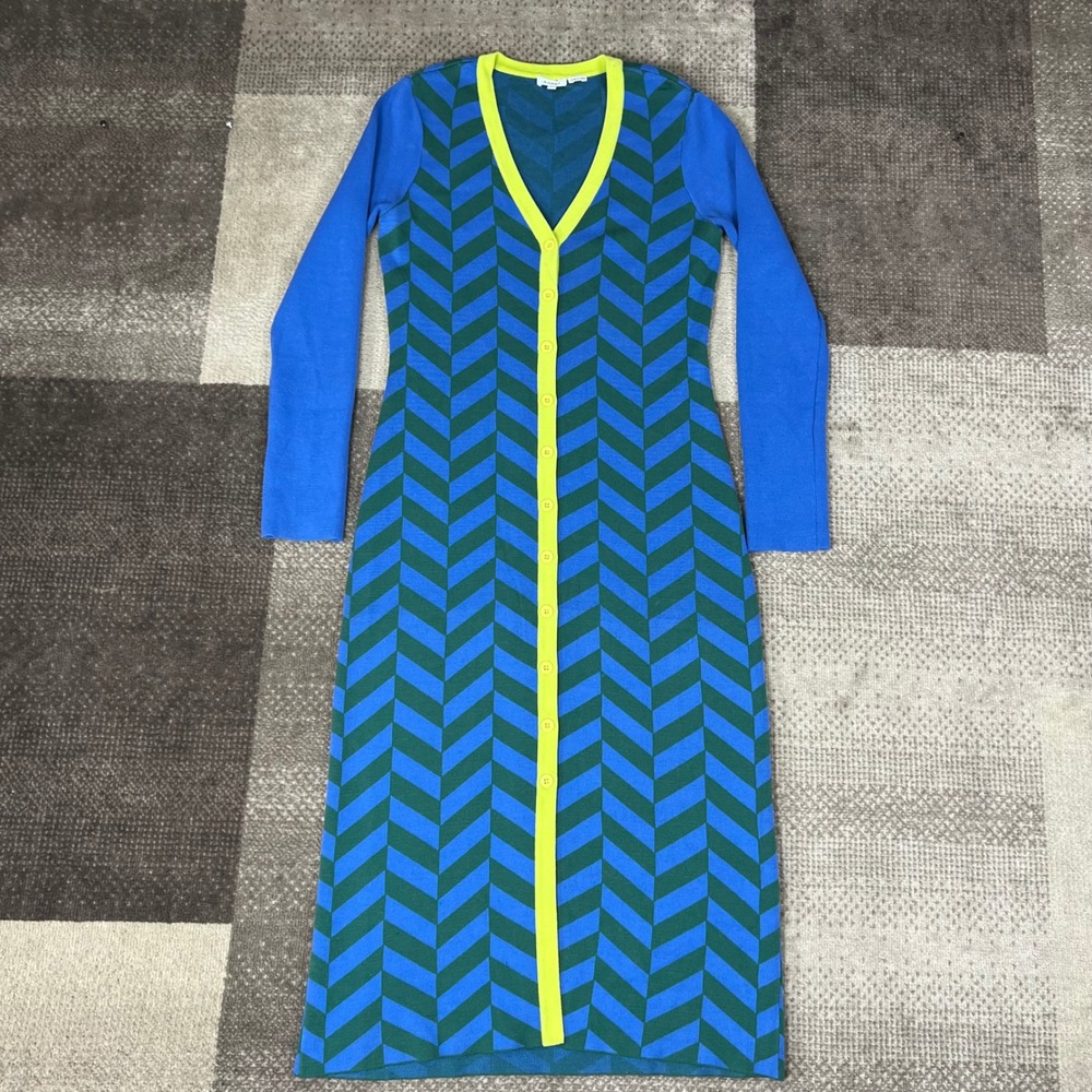 Rhode Regina Jacquard Women Blue Green Knit Button Front Midi Dress‎ Large